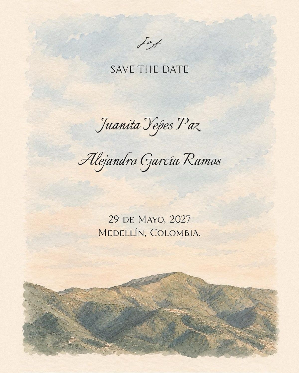 Save the Date. Juanita Yepes Paz y Alejandro García Ramos. 29 de mayo de 2027. Medellín, Colombia.